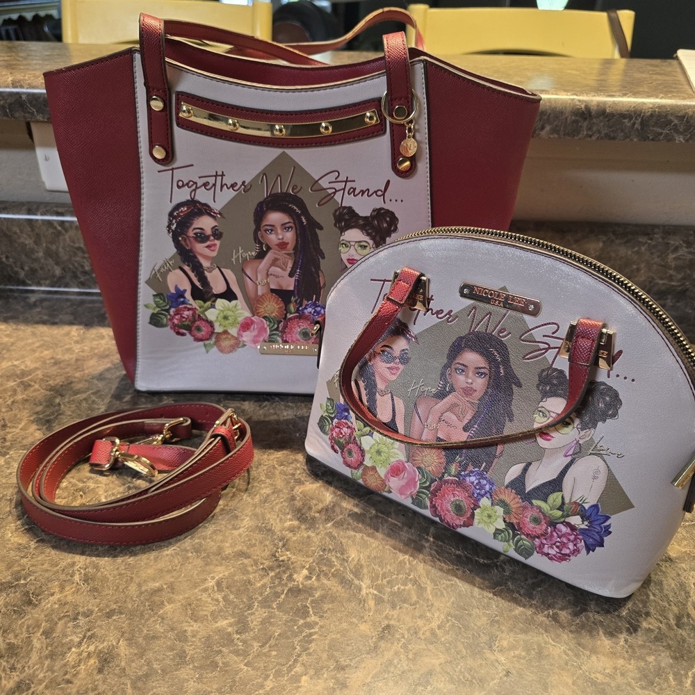 Nicole Lee USA Together We Stand 2 Piece Handbag Purse Set Red Floral Women